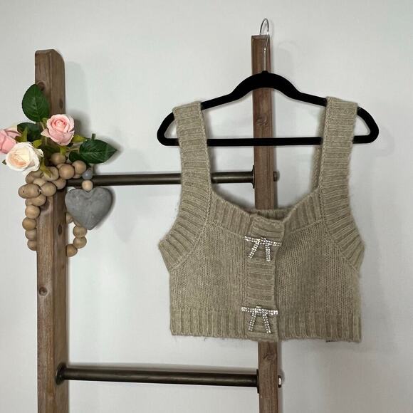 Zara Tops - Zara Sage‎ Light Green Knit Top Wool Mix Jewel Bow Detail Size Small